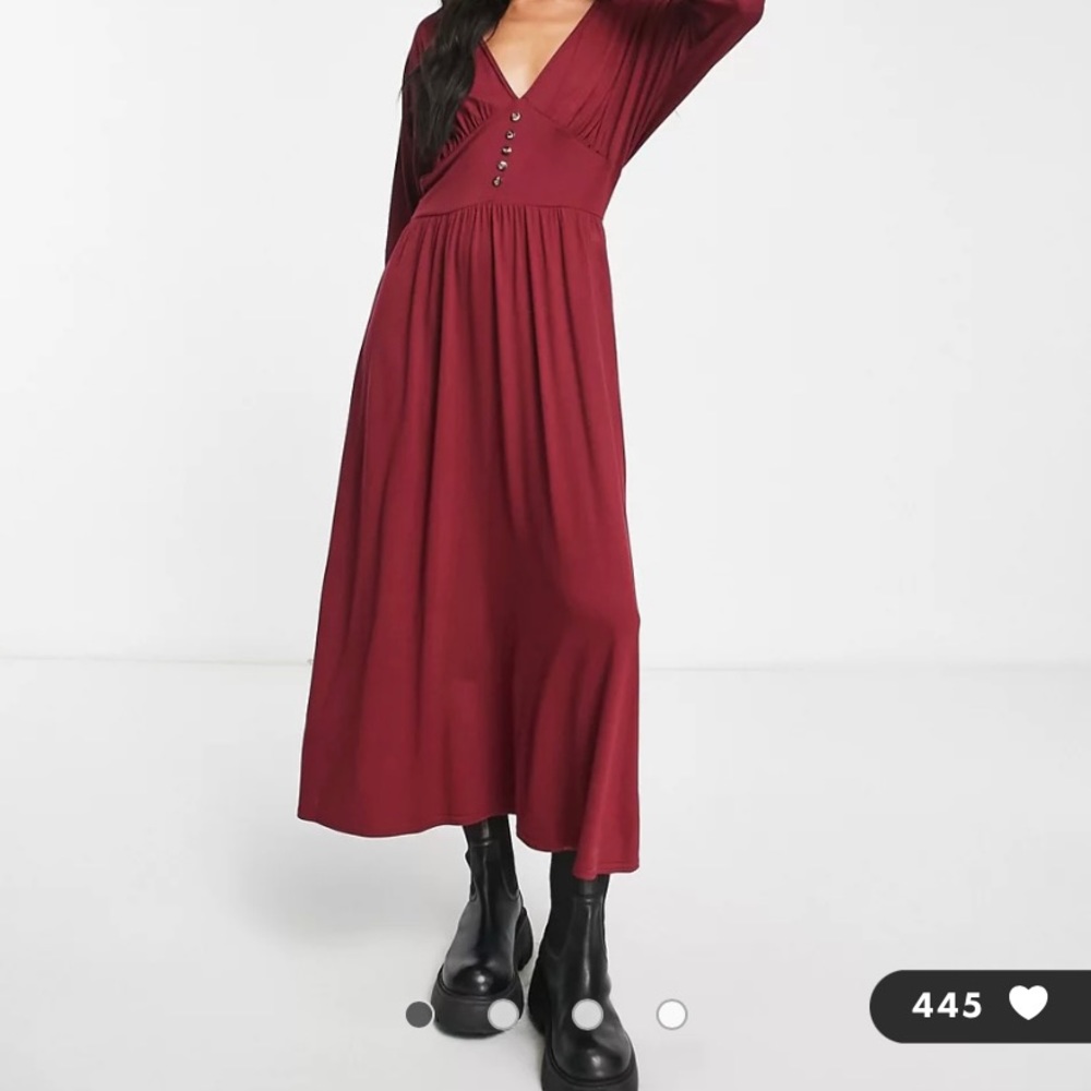 Waisted design ASOS long sleeve midi tea dress with buttons in burgundy